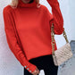 Woven Right Button Detail Rib-Knit Turtleneck Sweater
