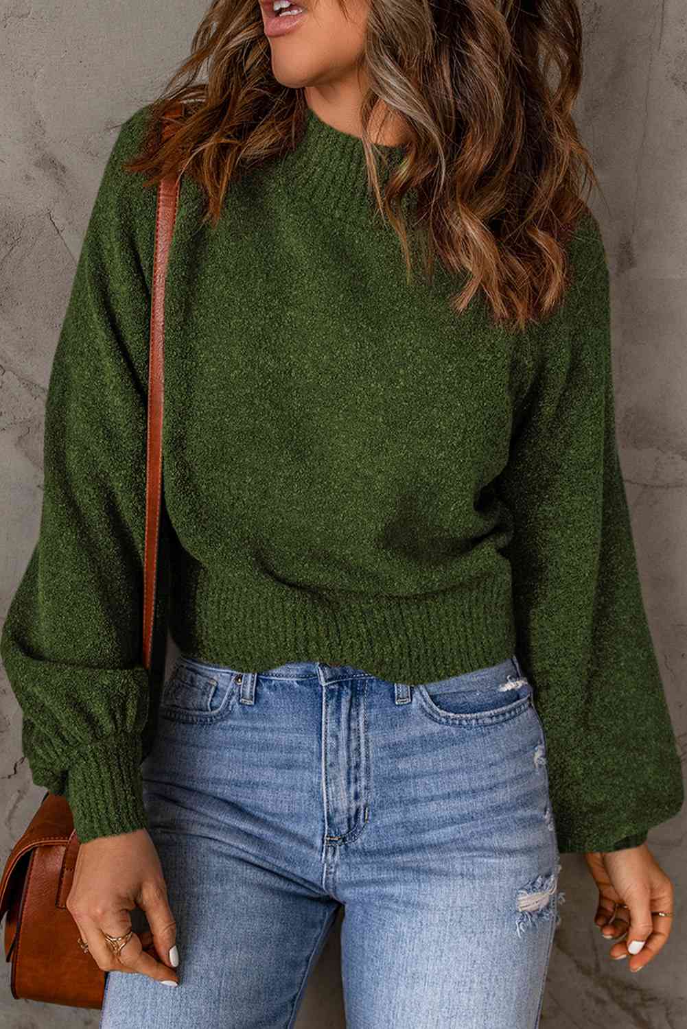 Ribbed Trim Balloon Sleeve Sweater - Deals DejaVu