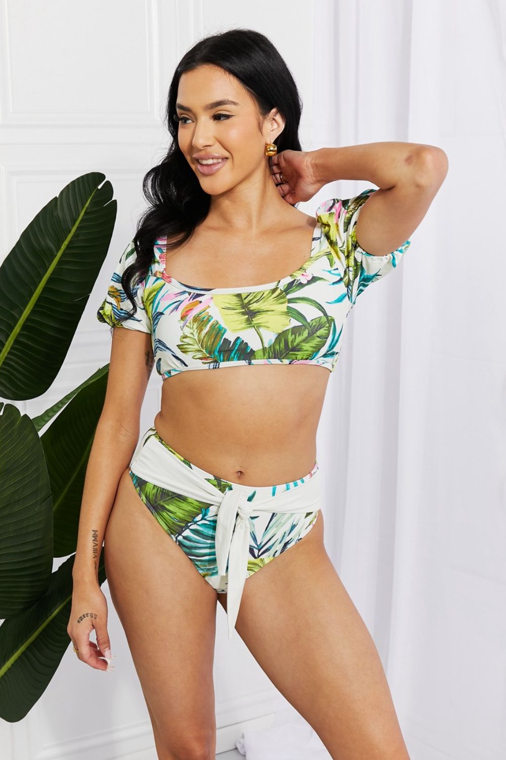 Marina West Swim Vacay Ready Puff Sleeve Bikini in Floral (TB9D) T - Deals DejaVu