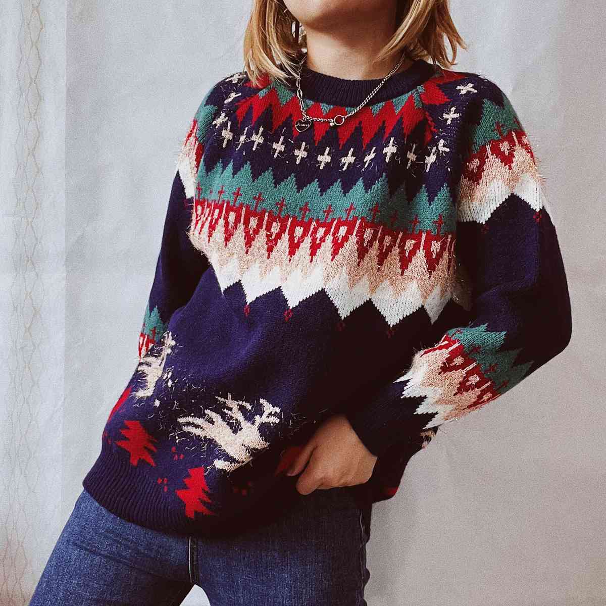 Christmas Element Long Sleeve Sweater - Deals DejaVu