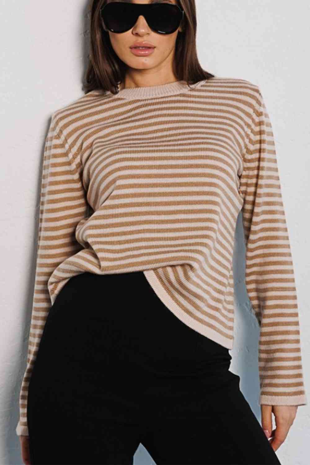 Striped Round Neck Long Sleeve Sweater - Deals DejaVu