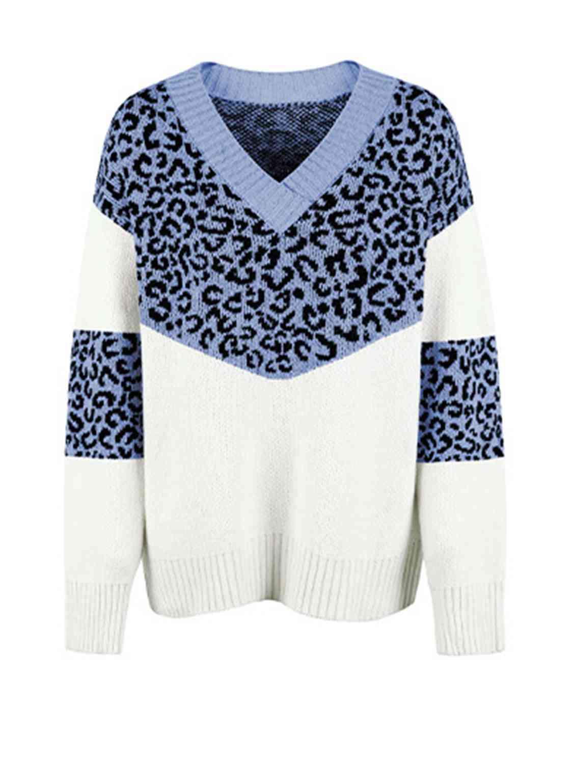 Leopard V-Neck Dropped Shoulder Sweater - Deals DejaVu