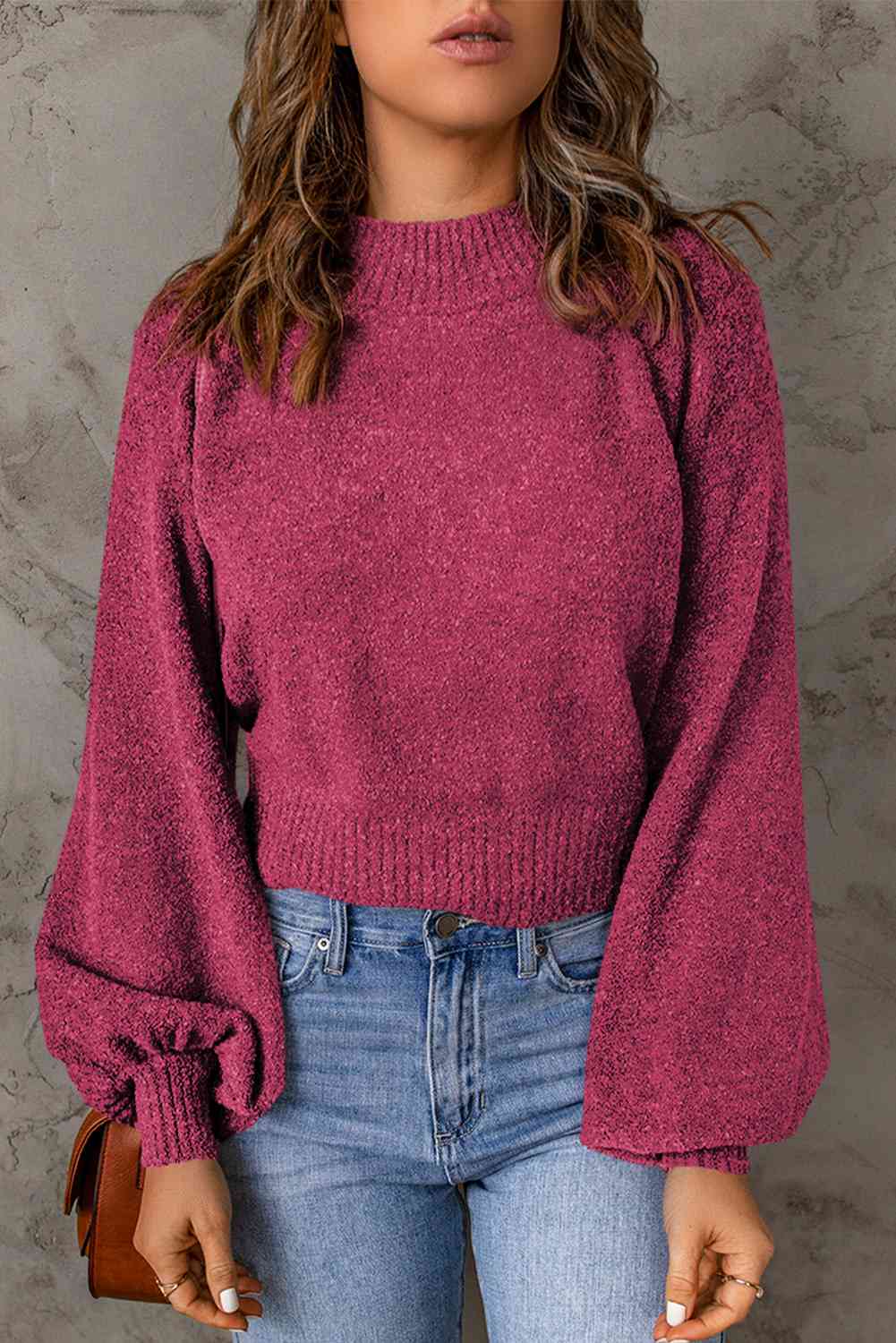 Ribbed Trim Balloon Sleeve Sweater - Deals DejaVu