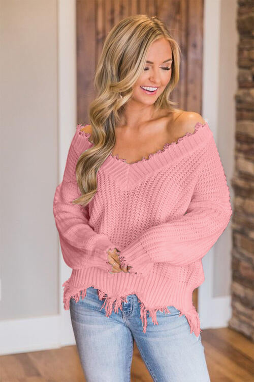 Frayed Hem Dropped Shoulder Sweater - Deals DejaVu