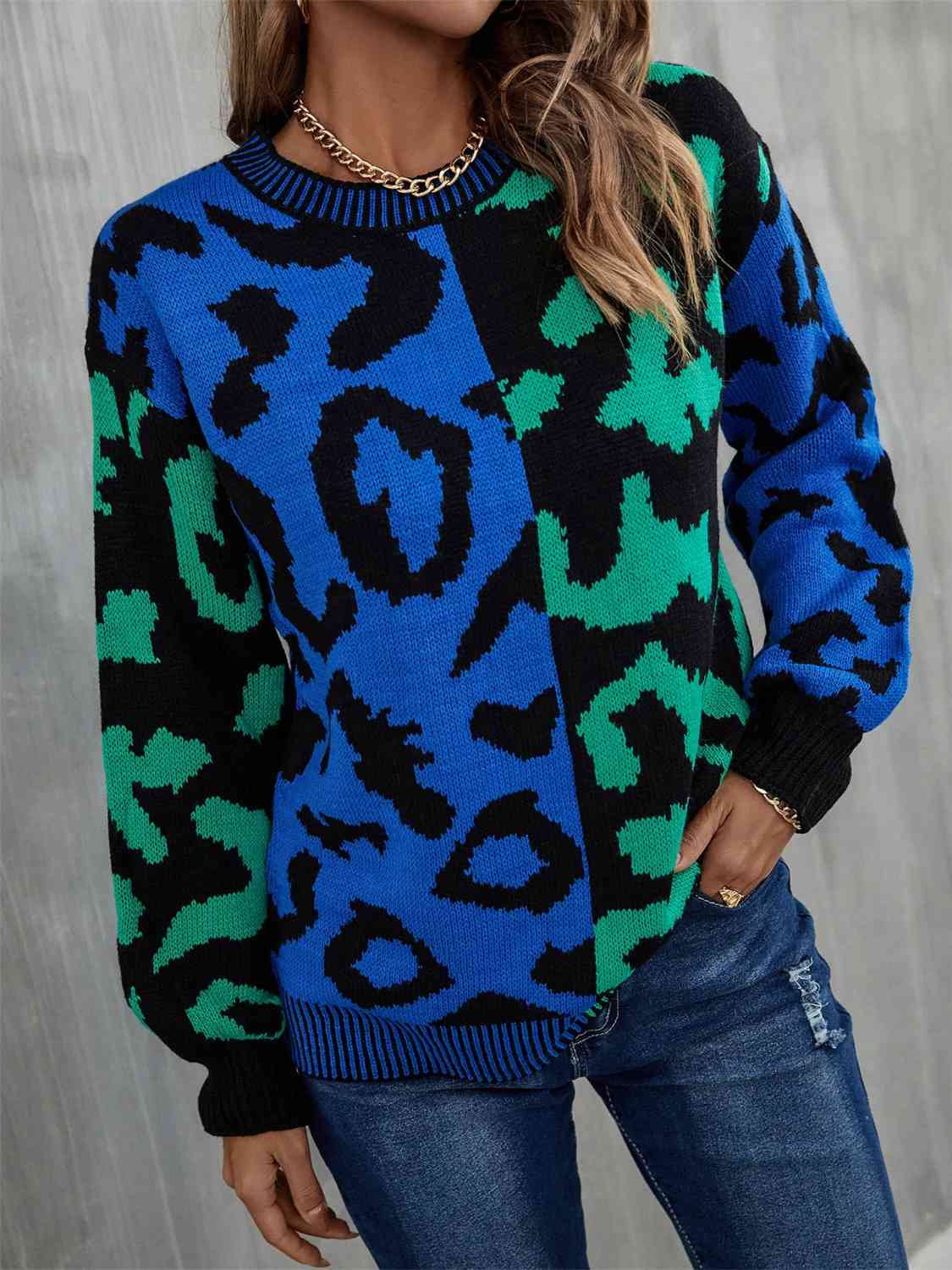 Leopard Round Neck Long Sleeve Sweater - Deals DejaVu