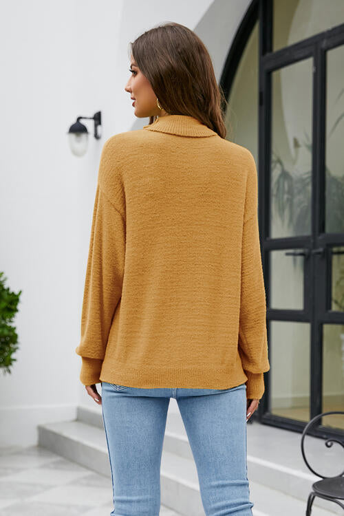 Mock Neck Dropped Shoulder Long Sleeve Sweater - Deals DejaVu