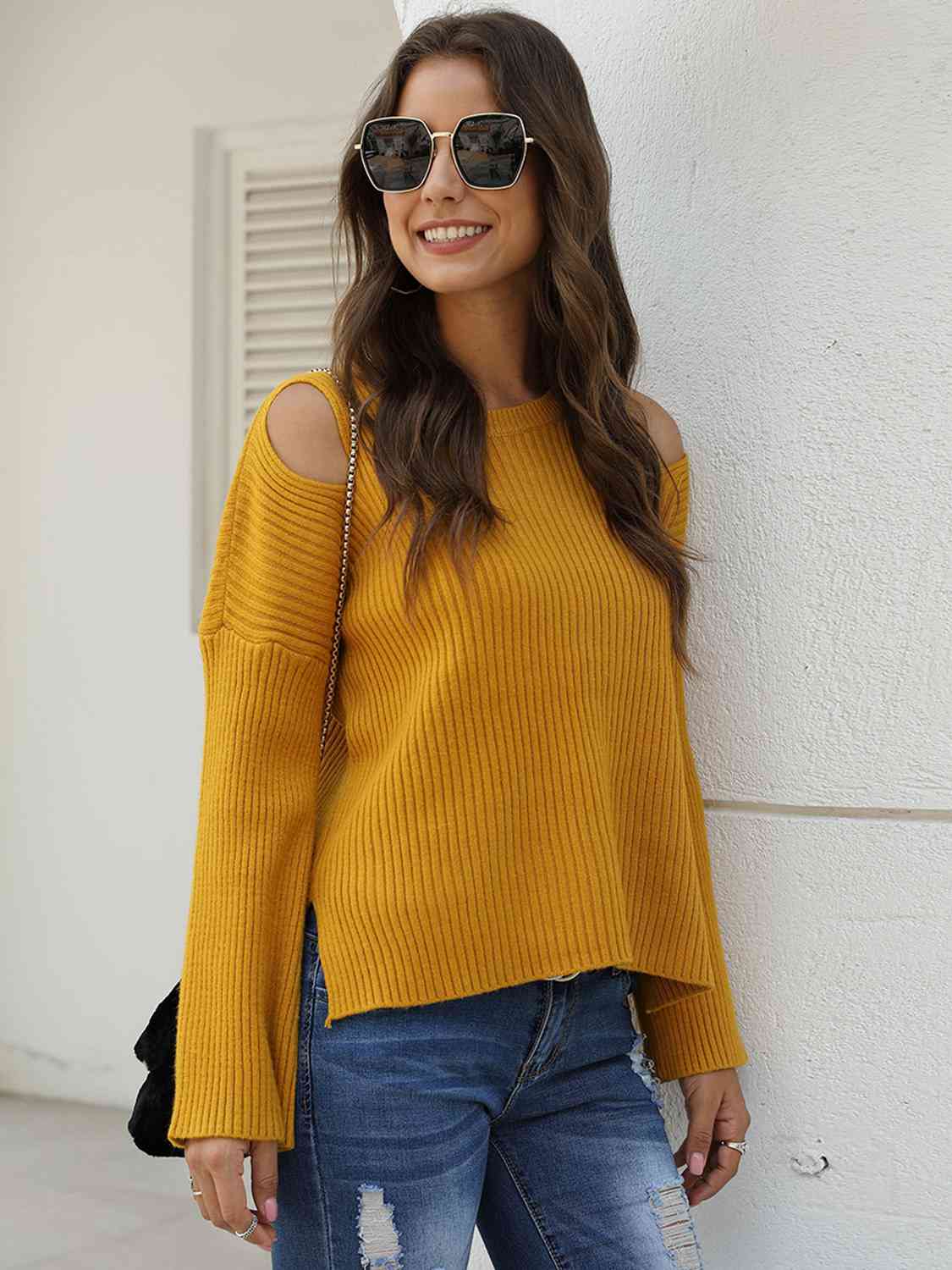 Ribbed Round Neck Cold Shoulder Knit Top - Deals DejaVu