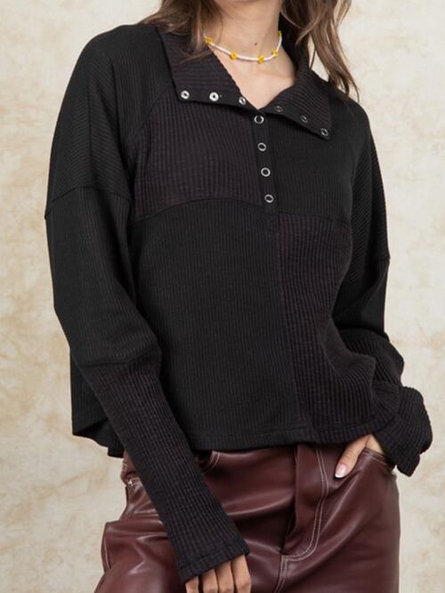 Ribbed Knit Henry Collar Loose Fitting Long Sleeve Top - Deals DejaVu