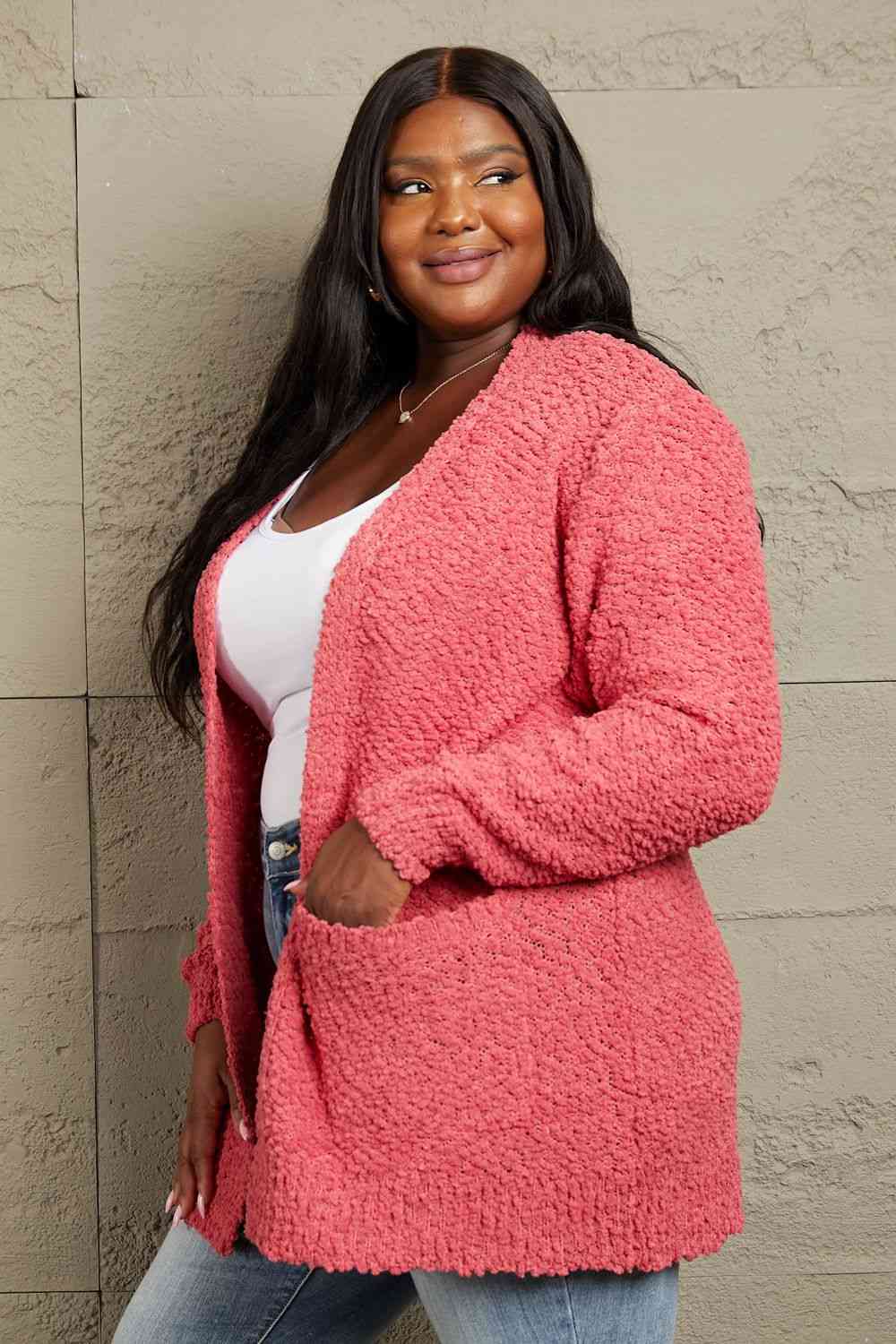 Zenana Falling For You Full Size Open Front Popcorn Cardigan - Deals DejaVu