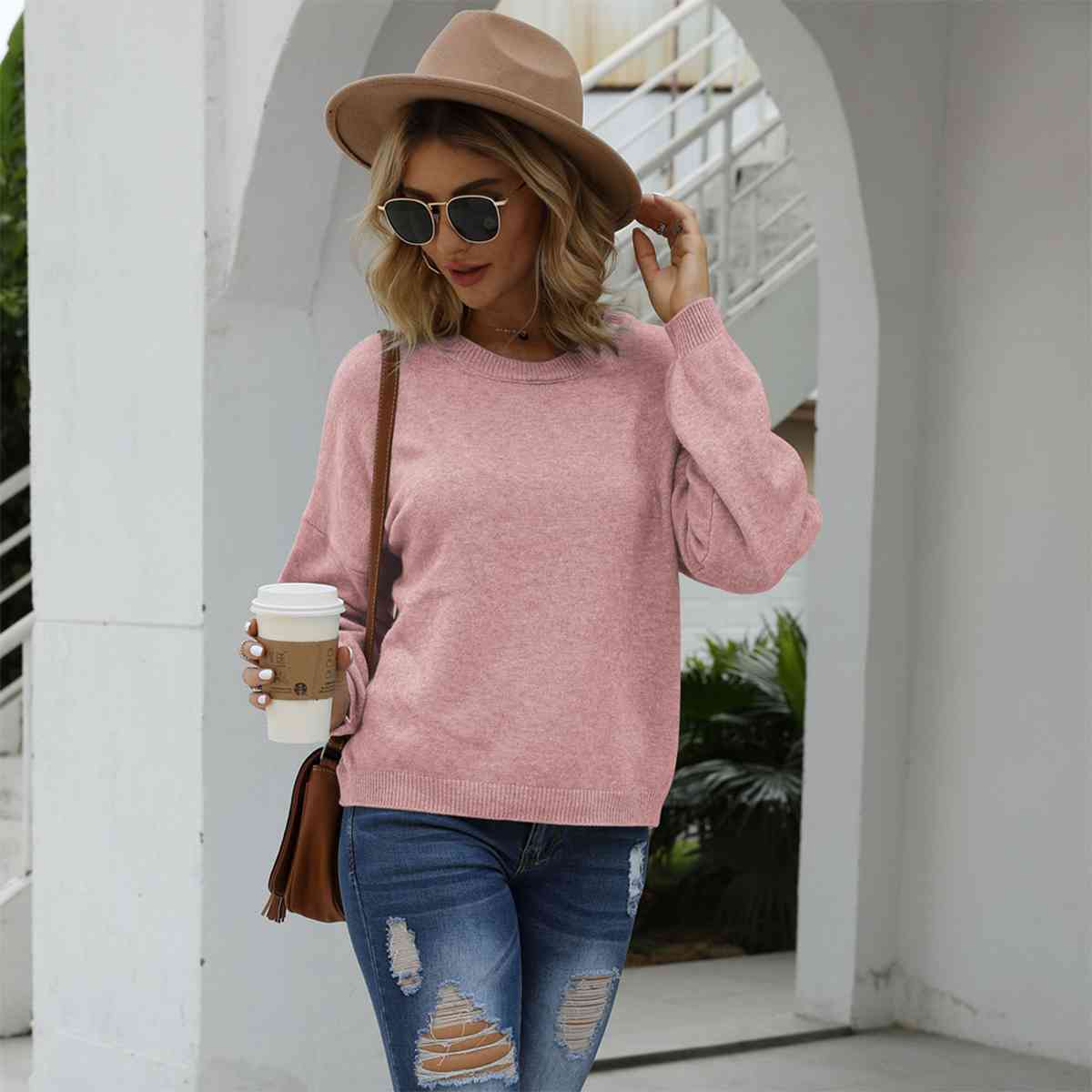 Round Neck Long Sleeve Drop Shoulder Sweater - Deals DejaVu