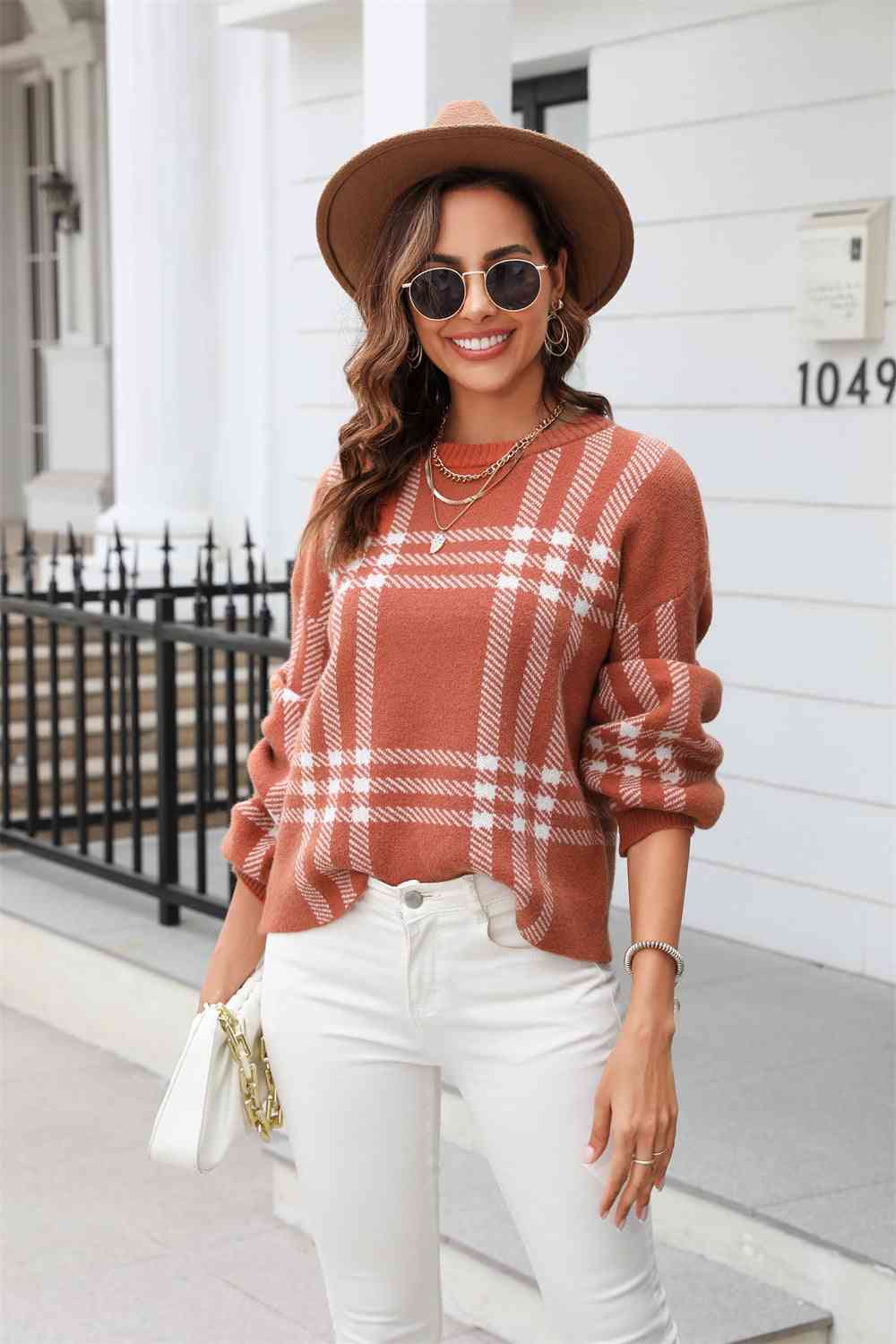 Printed Round Neck Dropped Shoulder Sweater - Deals DejaVu