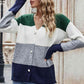 Woven Right Color Block V-Neck Button Down Cardigan