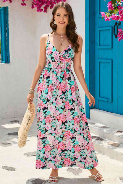 Floral Spaghetti Strap Surplice Neck Maxi Dress (BWMT) T - Deals DejaVu