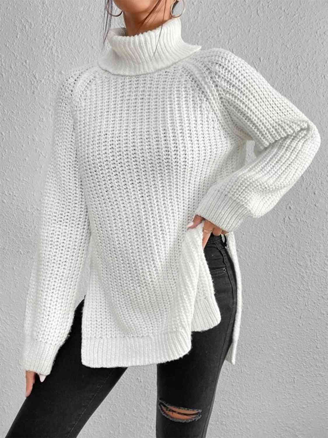 Full Size Turtleneck Rib-Knit Slit Sweater - Deals DejaVu