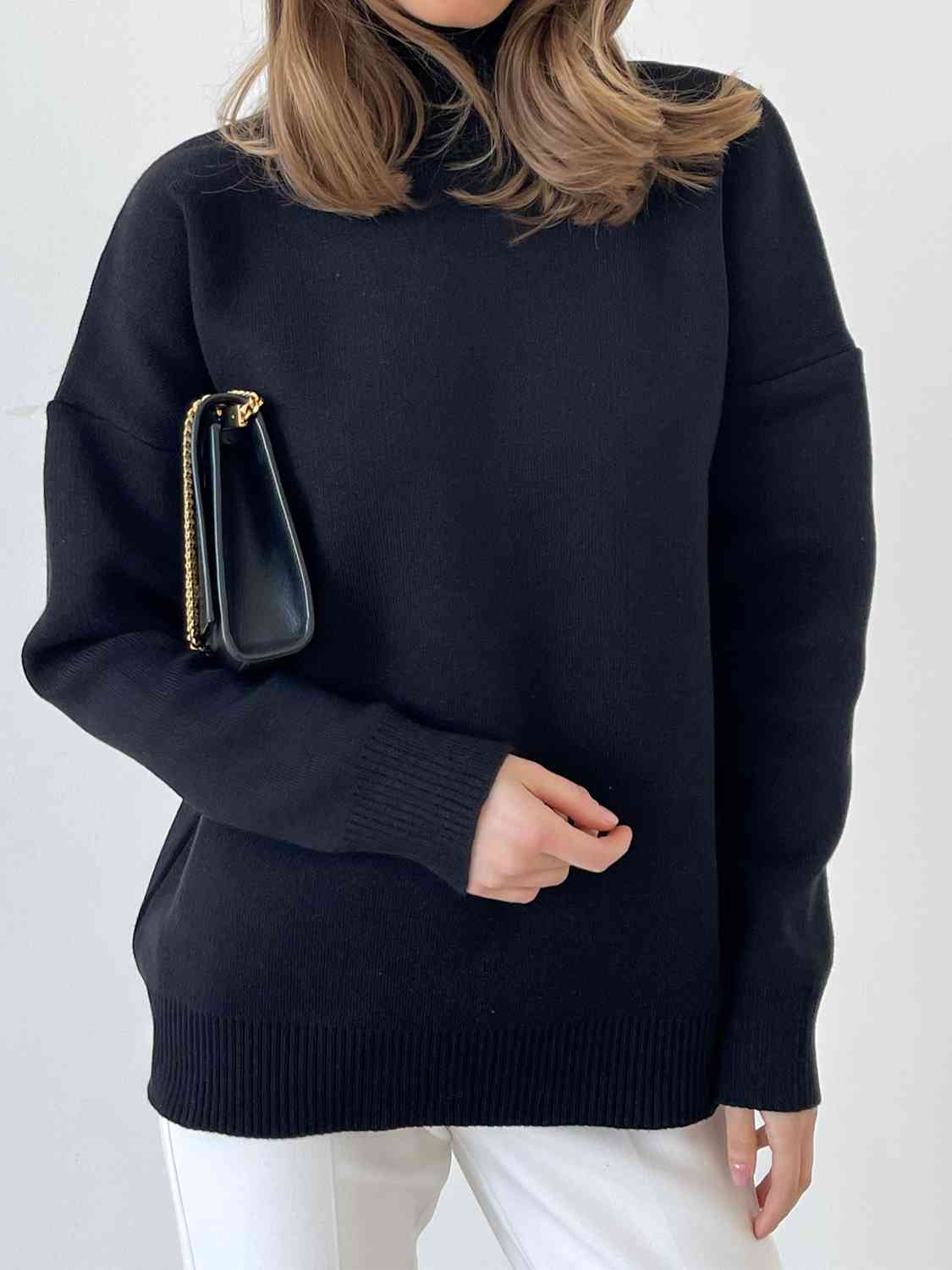 Mock Neck Dropped Shoulder Sweater - Deals DejaVu