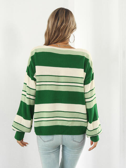 Striped V-Neck Long Sleeve Knit Top