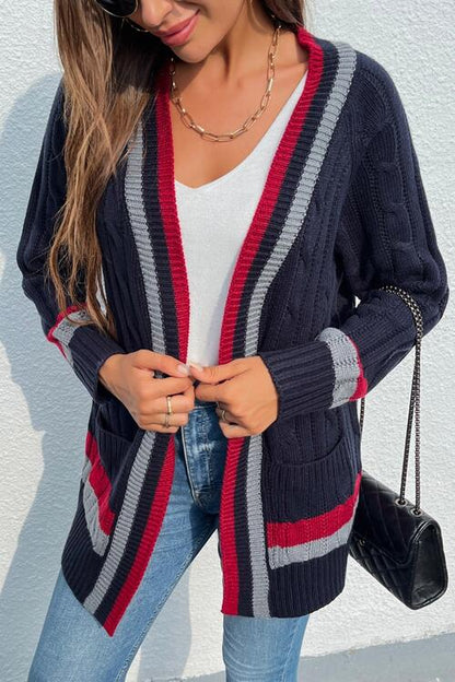 Open Front Striped Long Sleeve Cardigan - Deals DejaVu