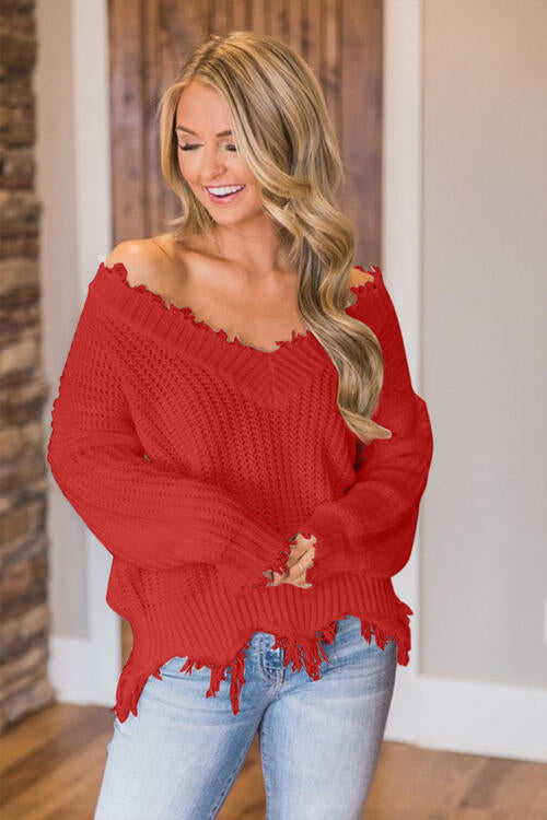 Frayed Hem Dropped Shoulder Sweater - Deals DejaVu