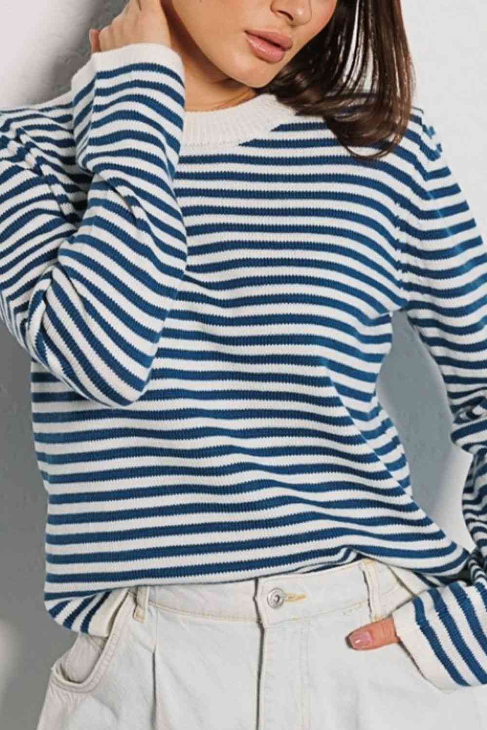 Striped Round Neck Long Sleeve Sweater - Deals DejaVu