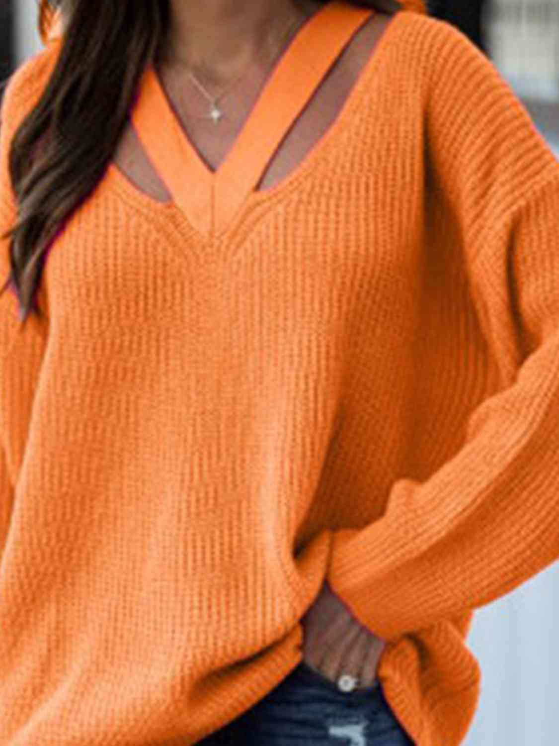 Full Size Cutout V-Neck Rib-Knit Sweater - Deals DejaVu