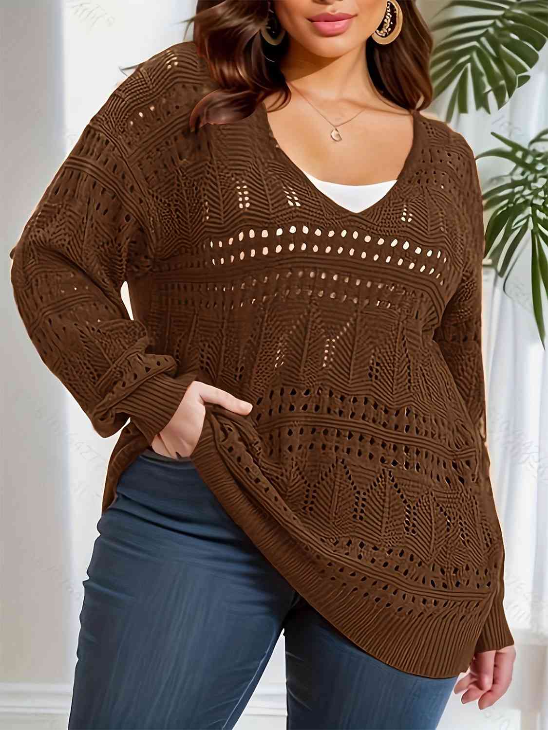 Plus Size Openwork Plunge Long Sleeve Sweater - Deals DejaVu