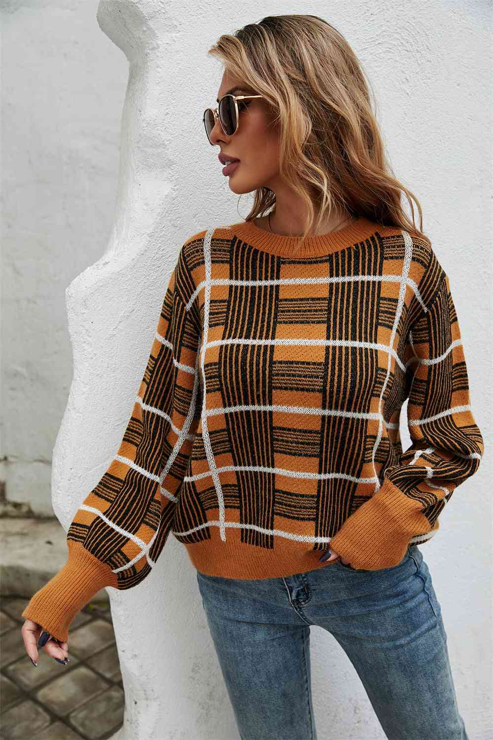 Printed Round Neck Dropped Shoulder Sweater - Deals DejaVu