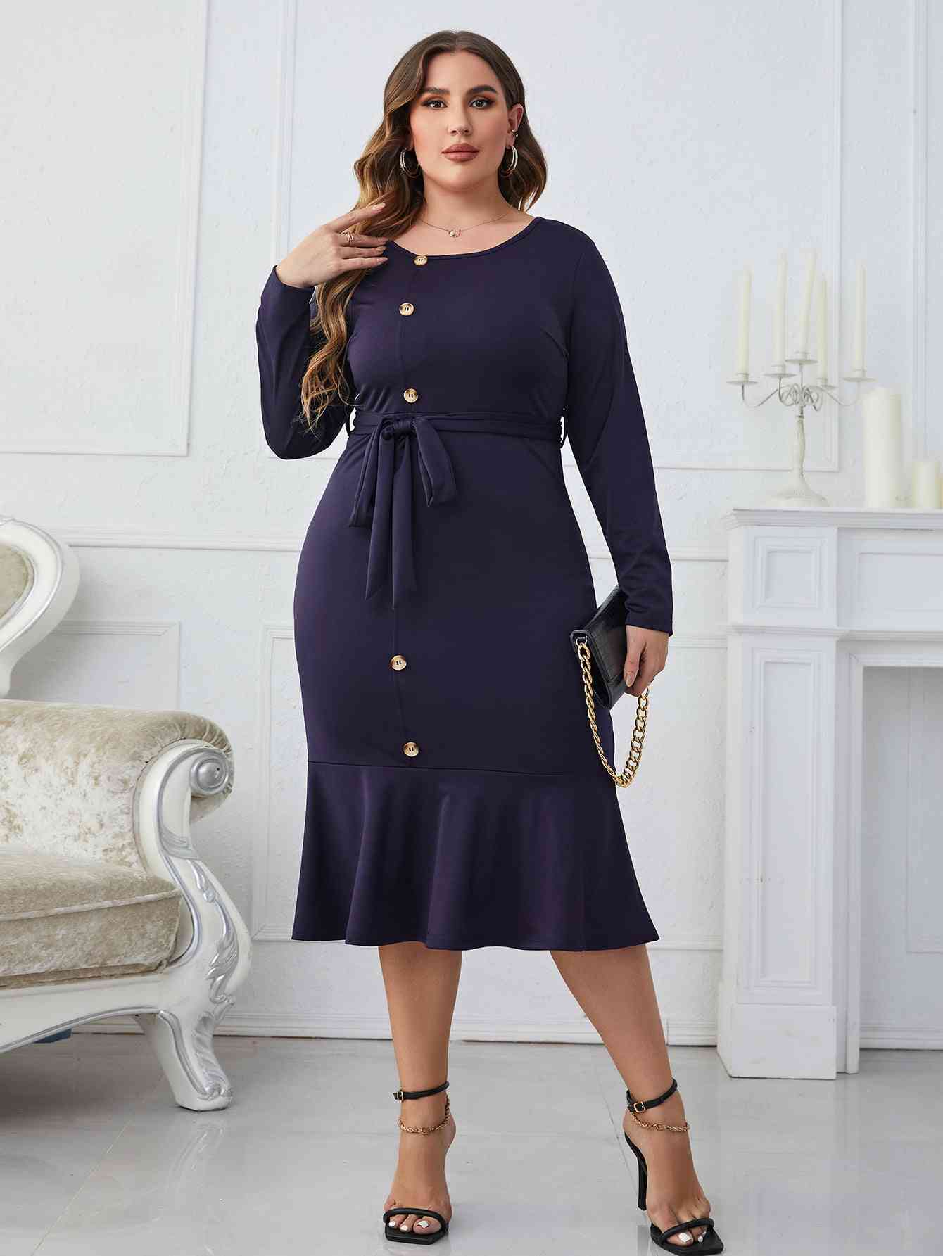 Melo Apparel Plus Size Buttoned Round Neck Tie Belt Midi Dress (MWBT) T - Deals DejaVu