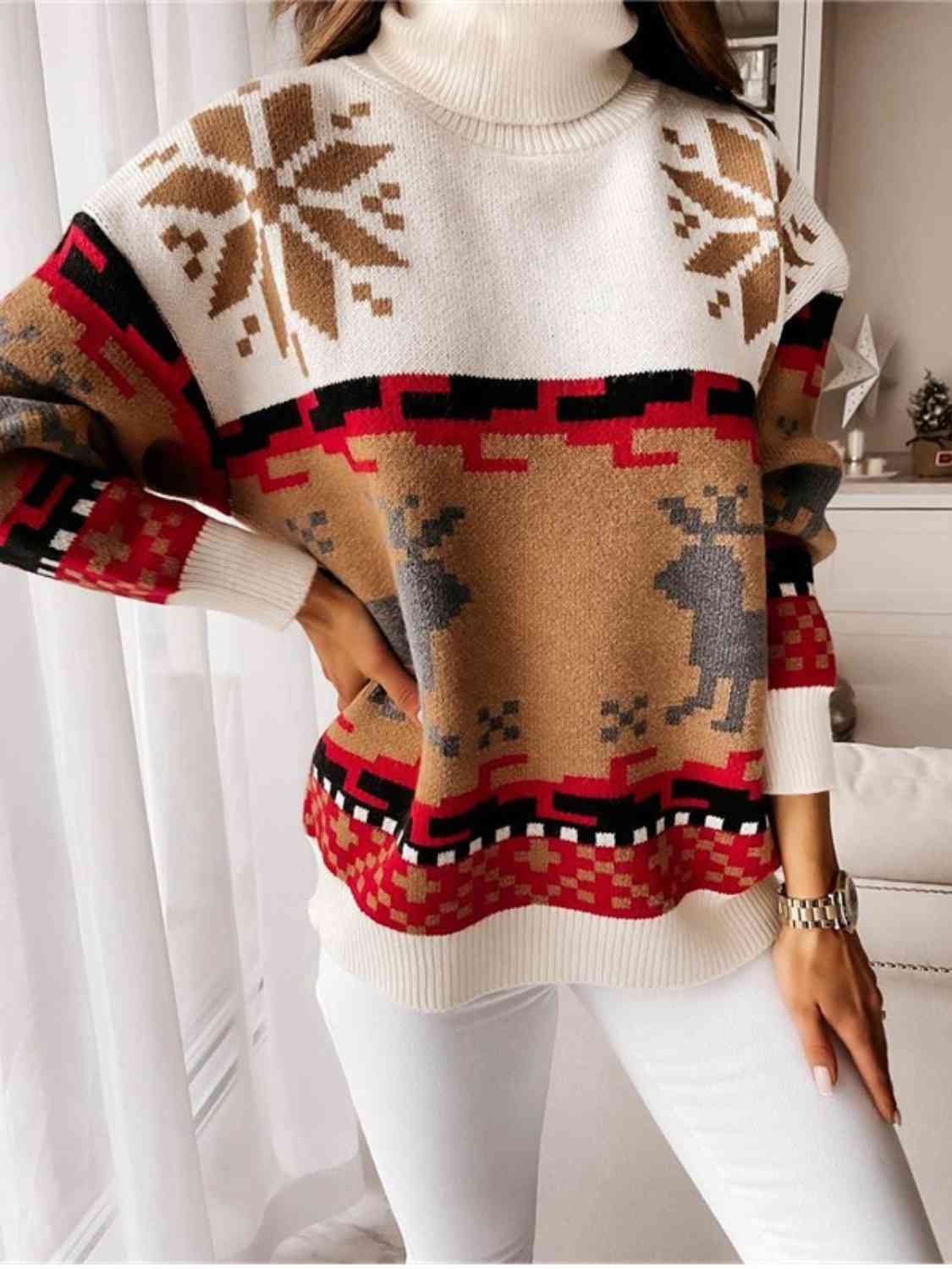 Reindeer Turtleneck Drop Shoulder Sweater - Deals DejaVu