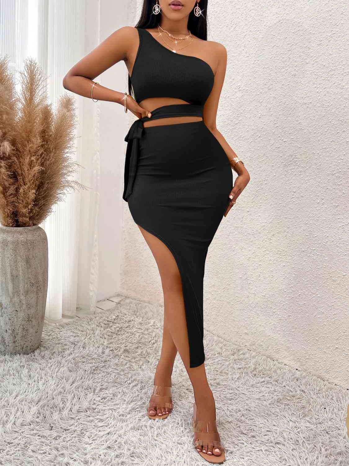 Tie Waist Asymmetrical Midi Dress (MWBT) T - Deals DejaVu