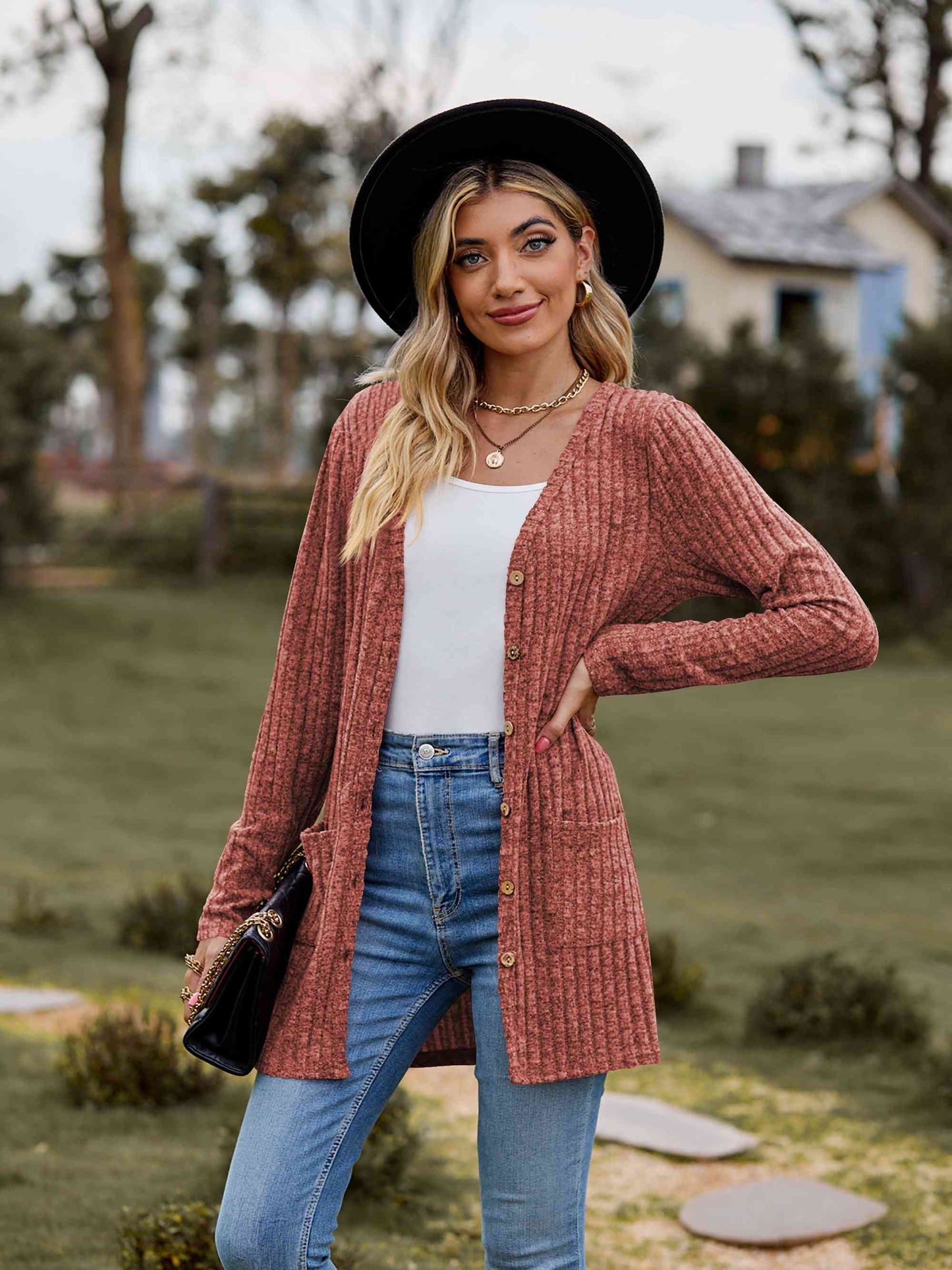 Ribbed Button-Up Cardigan with Pockets (BFD) T - Deals DejaVu