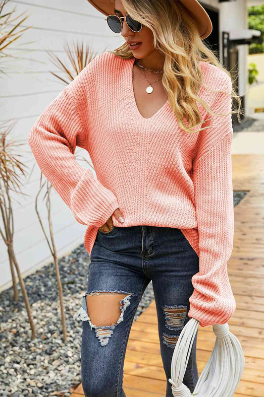 V-Neck Ribbed Dropped Shoulder Sweater - Deals DejaVu