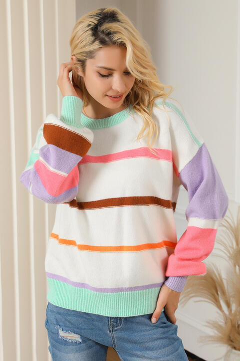 Round Neck Lantern Sleeve Sweater - Deals DejaVu