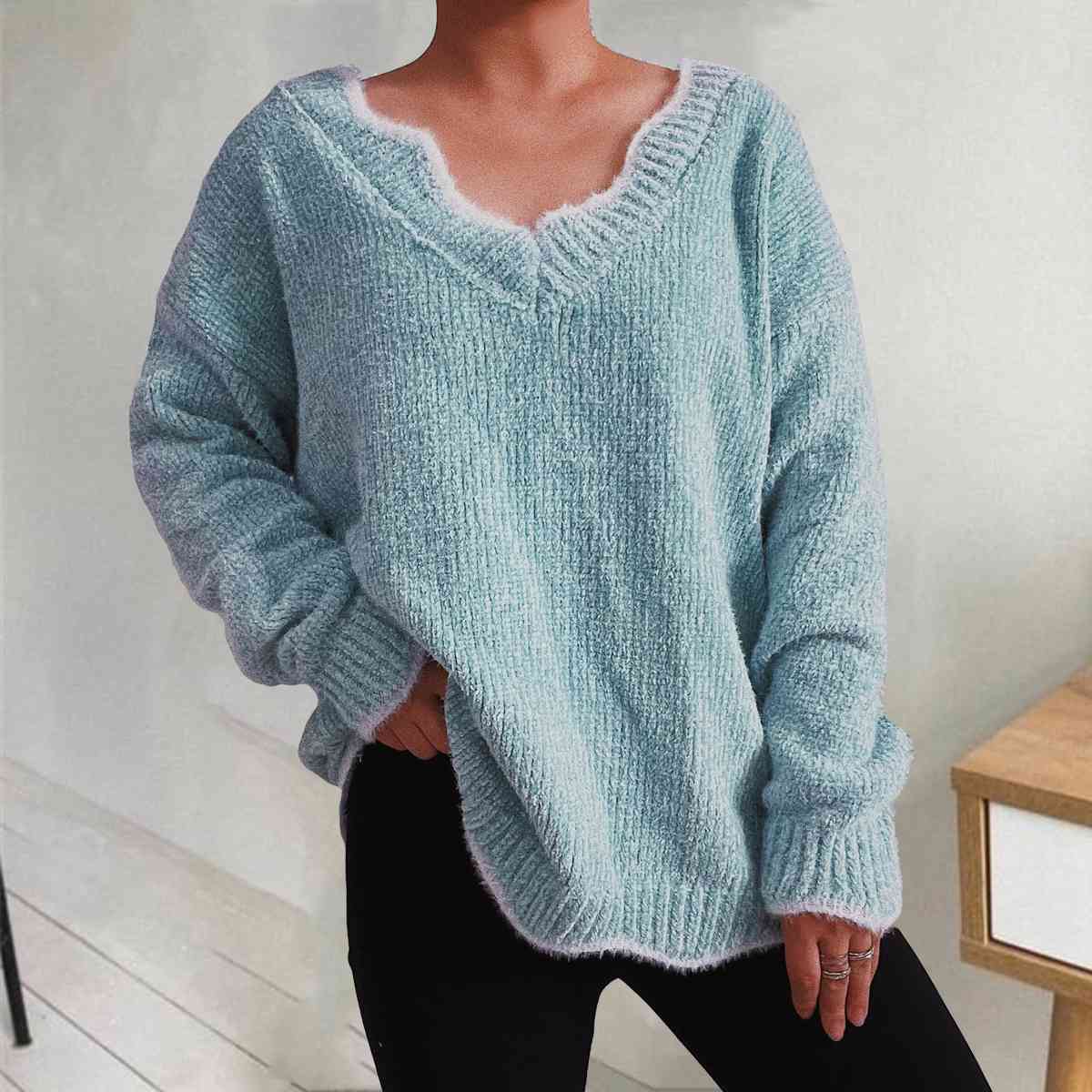 V-Neck Drop Shoulder Long Sleeve Sweater - Deals DejaVu