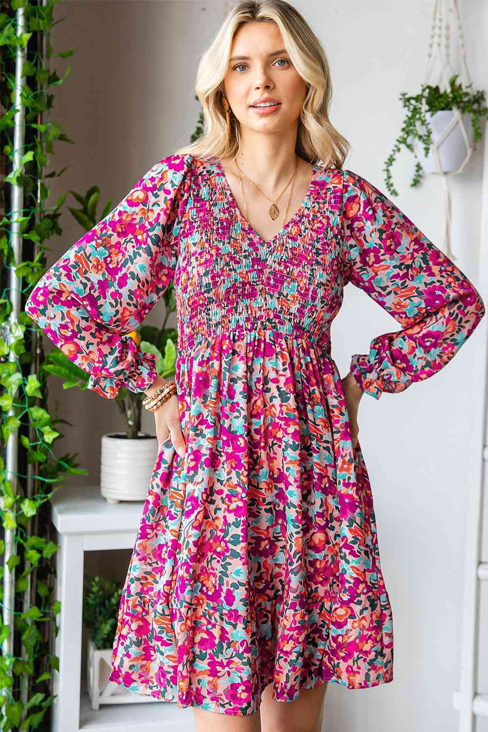 Floral Smocked V-Neck Flounce Sleeve Dress (MWBT) T - Deals DejaVu