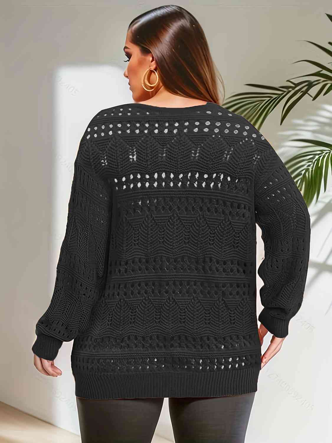 Plus Size Openwork Plunge Long Sleeve Sweater - Deals DejaVu