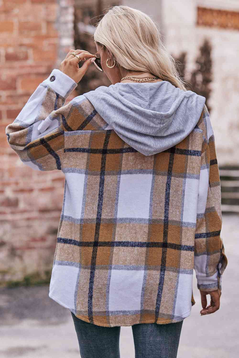 Plaid Dropped Shoulder Hooded Jacket (BFD) T - Deals DejaVu