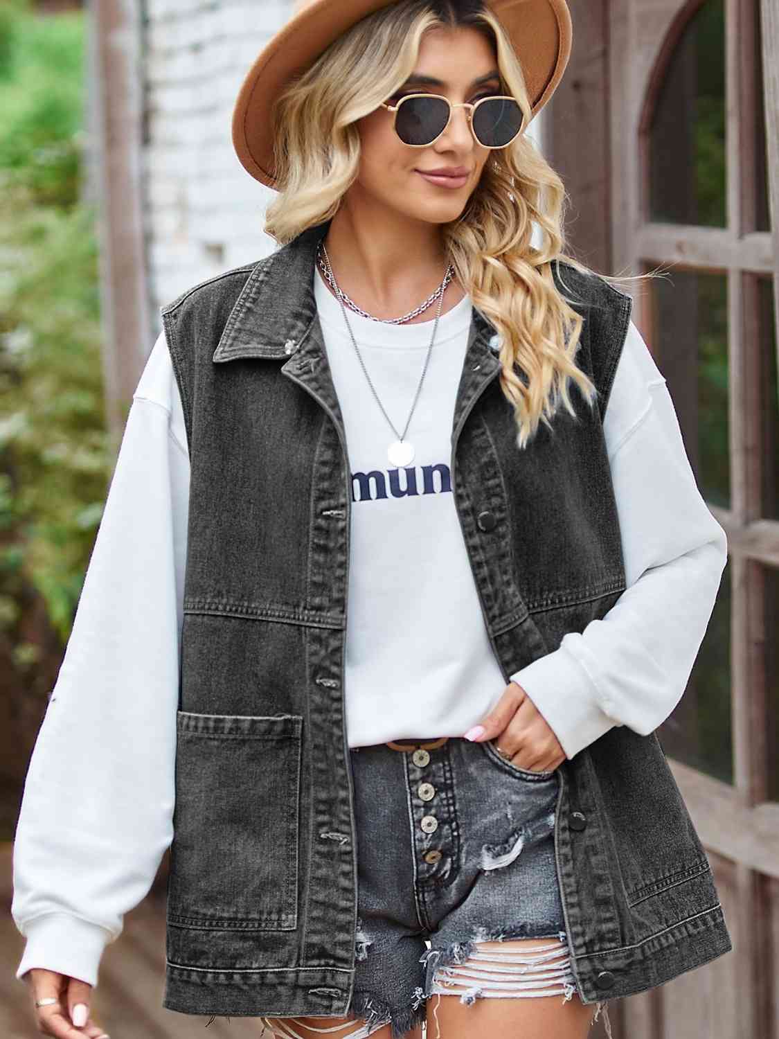 Button Front Sleeveless Denim Jacket - Deals DejaVu