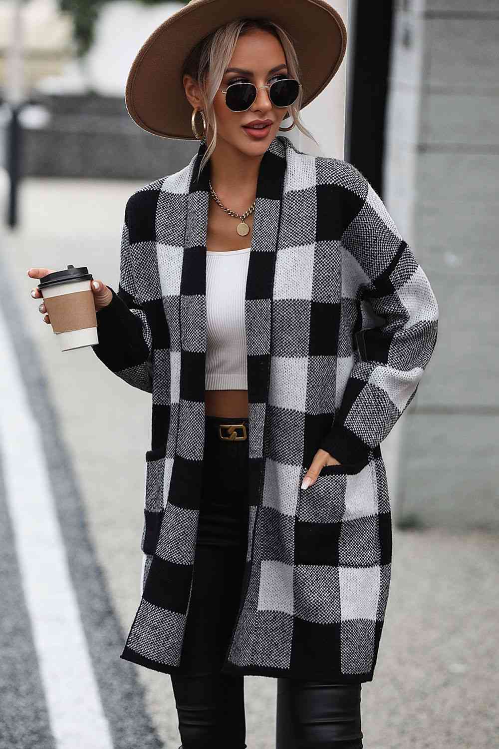 Plaid Dropped Shoulder Cardigan with Pocket - Deals DejaVu