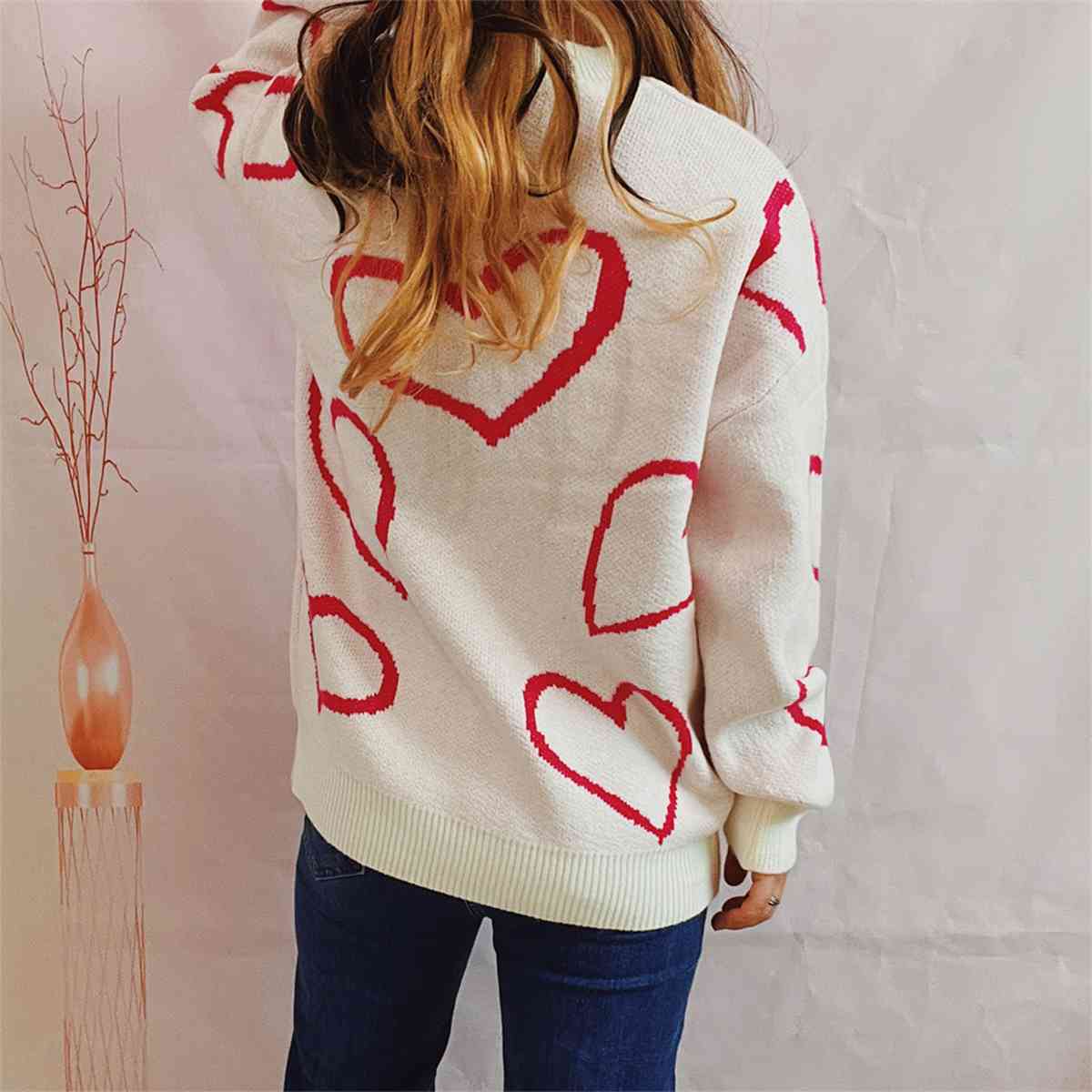 Heart Pattern Long Sleeve Sweater - Deals DejaVu