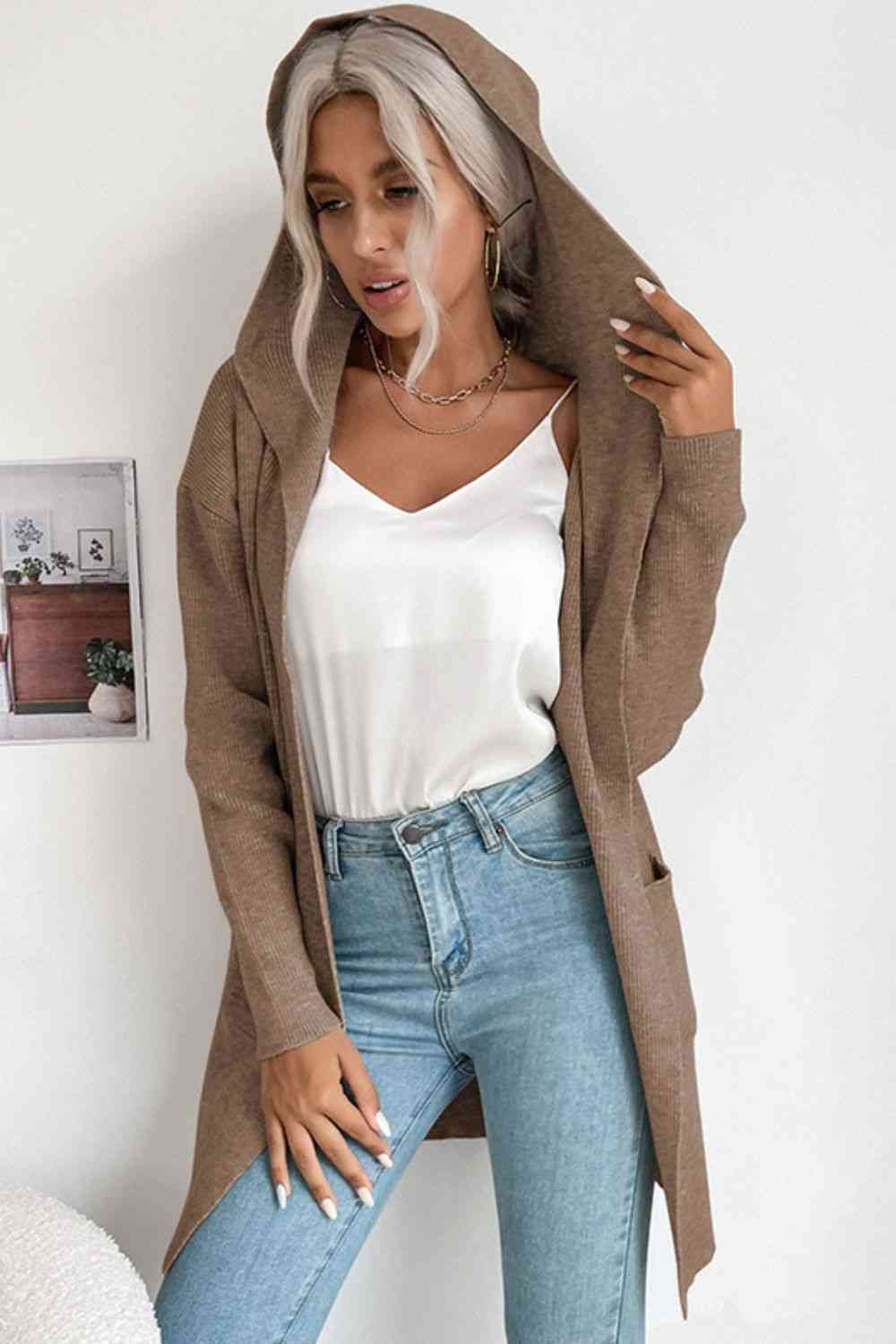 Double Take Ribbed Open Front Hooded Cardigan with Pockets - Deals DejaVu