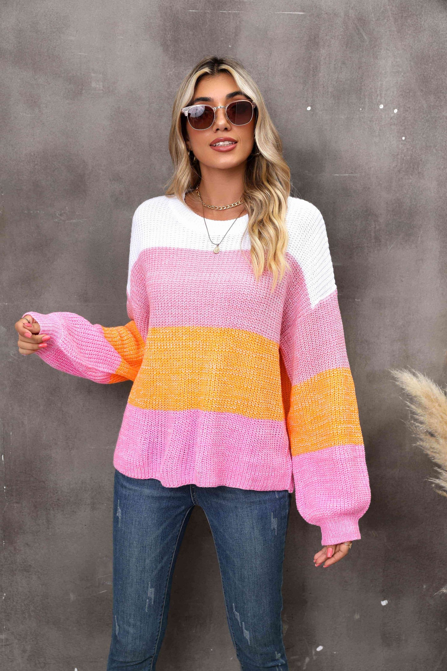 Color Block Round Neck Dropped Shoulder Sweater - Deals DejaVu