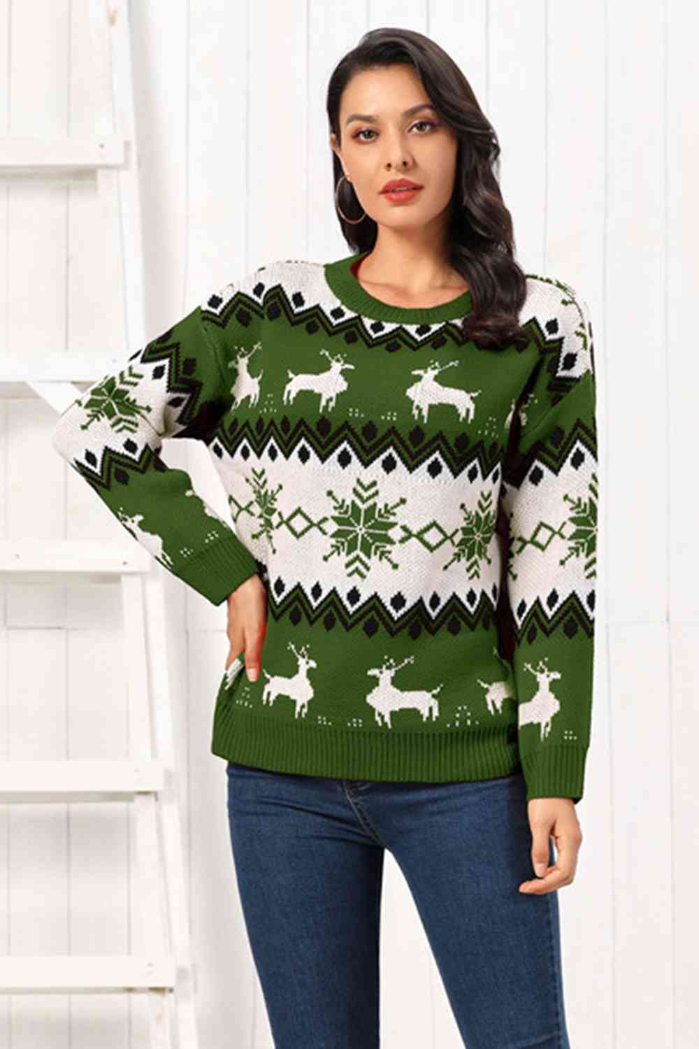 Reindeer Round Neck Sweater - Deals DejaVu