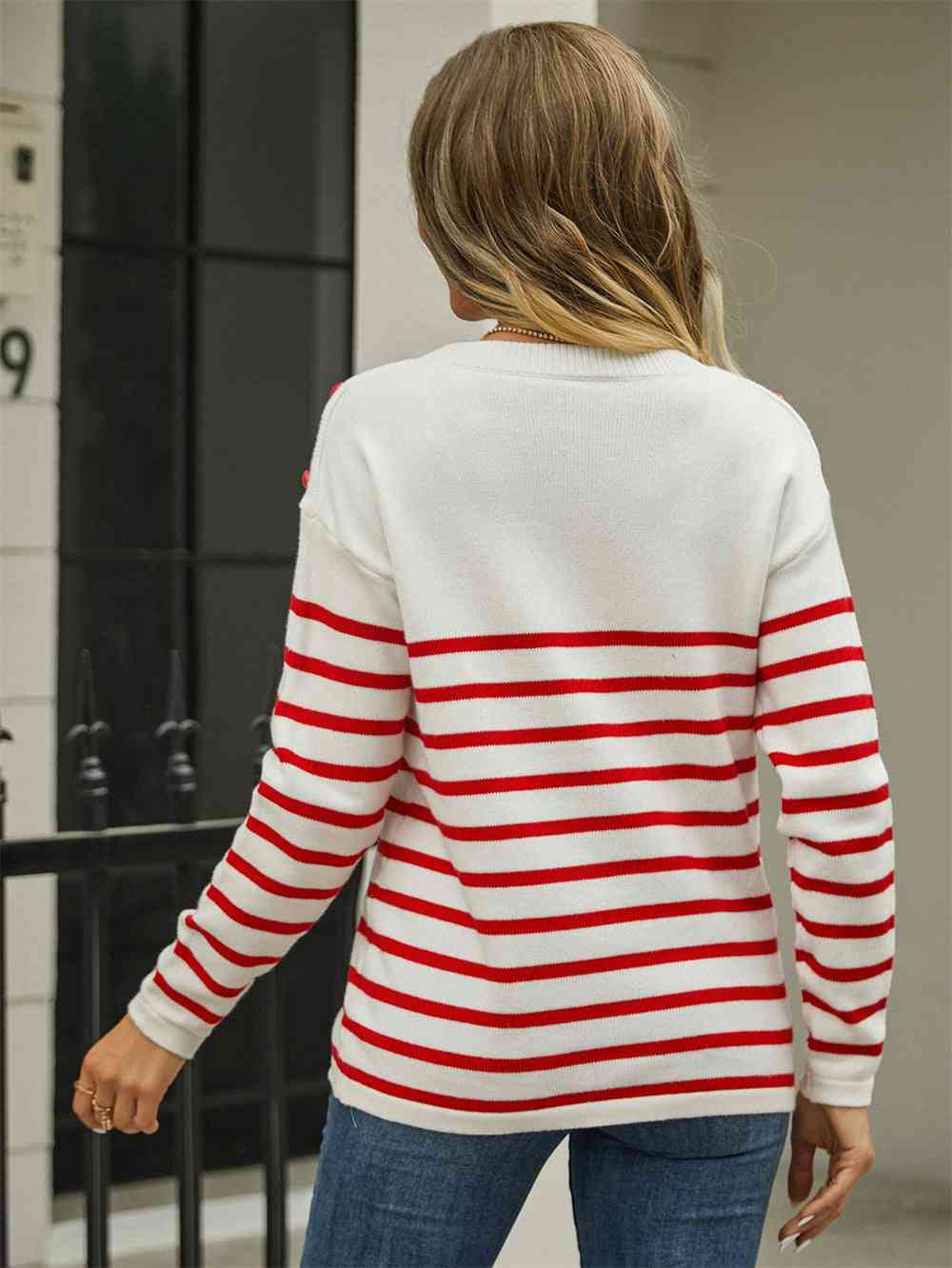 Round Neck Shoulder Button Striped Pullover Sweater - Deals DejaVu