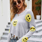 Smiley Face Distressed Round Neck Sweater - Deals DejaVu