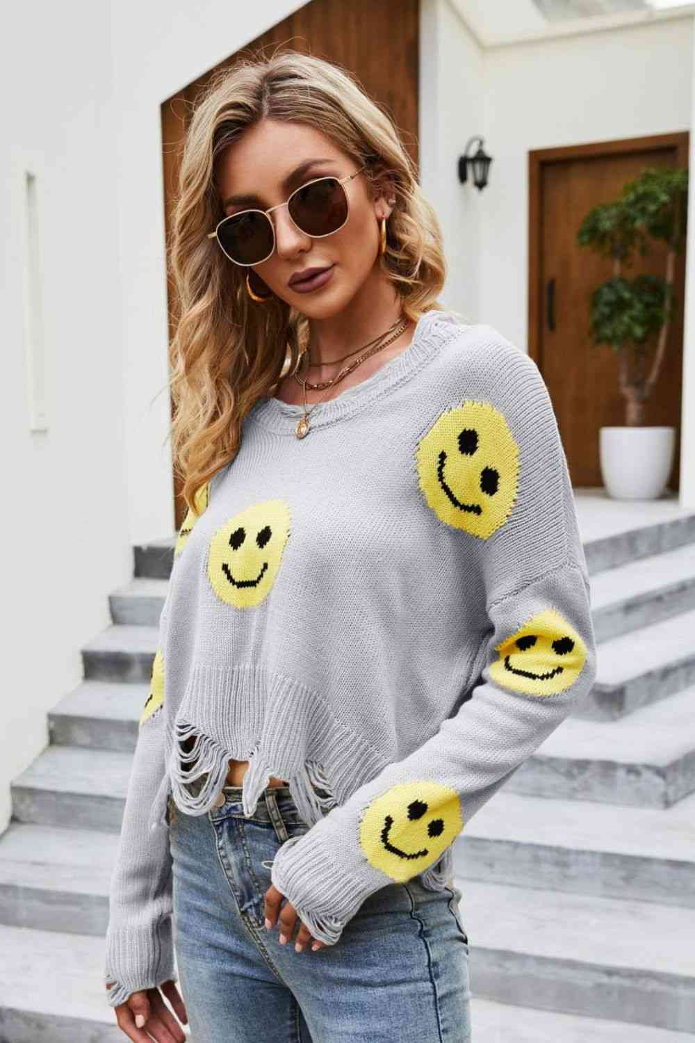 Smiley Face Distressed Round Neck Sweater - Deals DejaVu