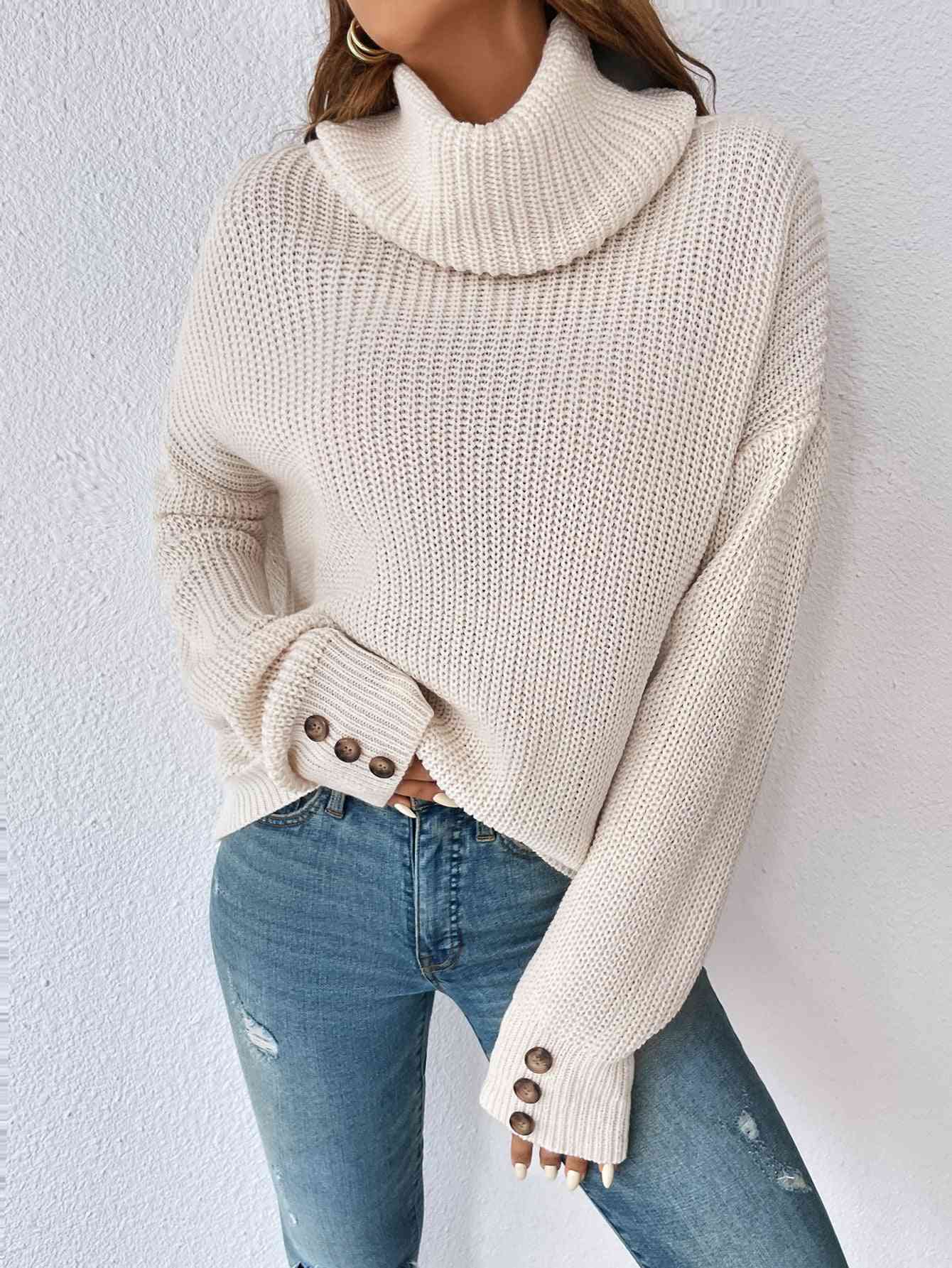 Woven Right Decorative Button Turtleneck Dropped Shoulder Sweater - Deals DejaVu