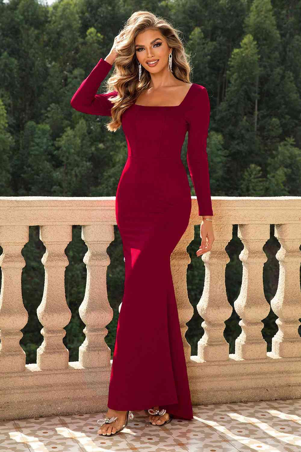 Square Neck Long Sleeve Dress (BWM) T - Deals DejaVu