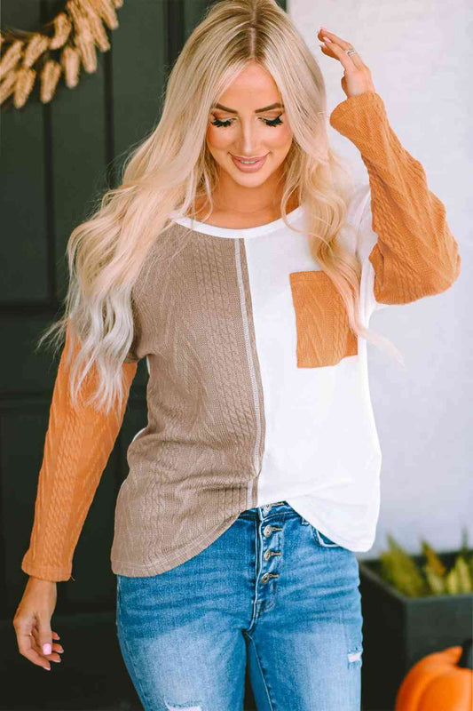 Full Size Color Block Cable-Knit Tops - Deals DejaVu