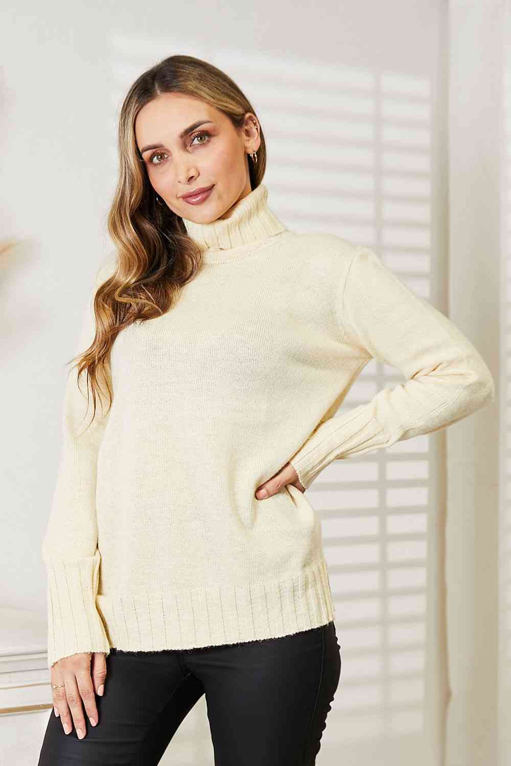 Heimish Full Size Long Sleeve Turtleneck Sweater with Side Slit - Deals DejaVu