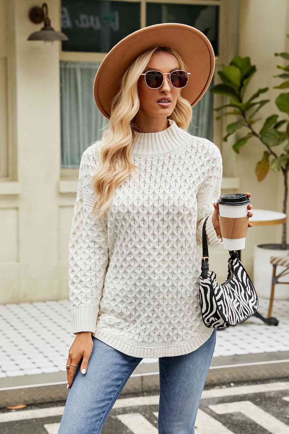 Slit Long Sleeve Mock Neck Sweater - Deals DejaVu